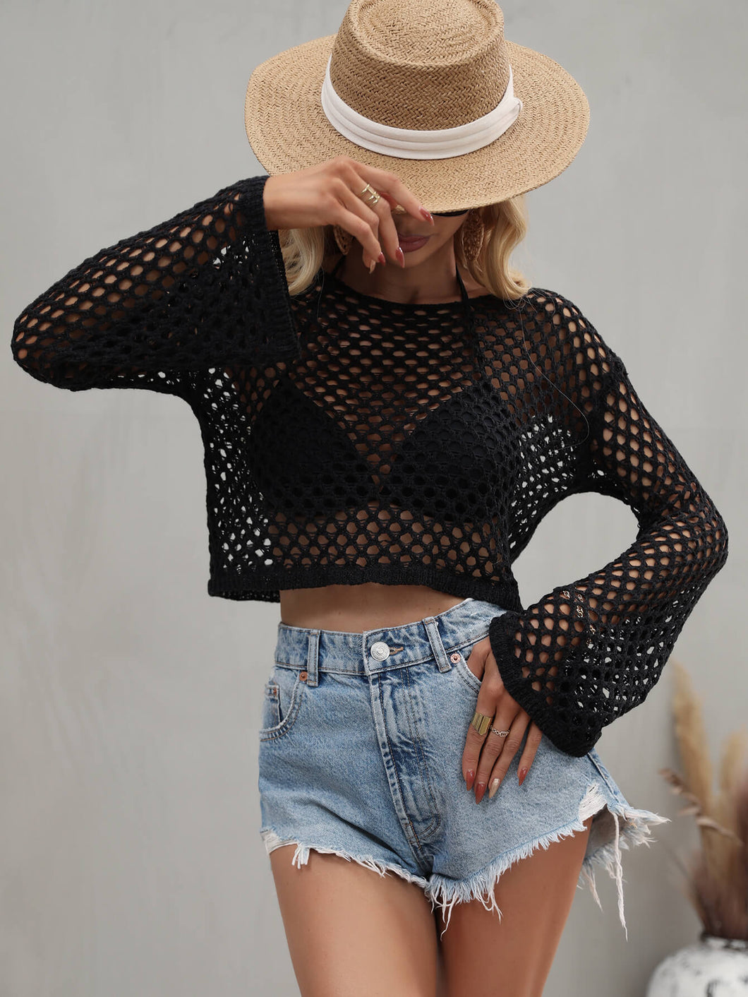 Bali Openwork Flare Sleeve Cropped Cover Up