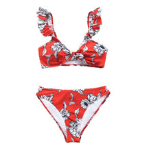 Load image into Gallery viewer, Red Floral Knotted Ruffled Bikini
