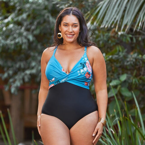 En Voyage Swim Caribbean Blue Plus Size V-neck Floral One Piece Swimsuit